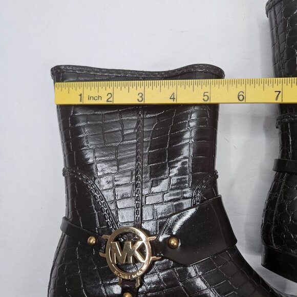 Michael Kors Rain Booties Dark Brown Croc Embossed Equestrian Rubber Rainboot - Picture 12 of 13